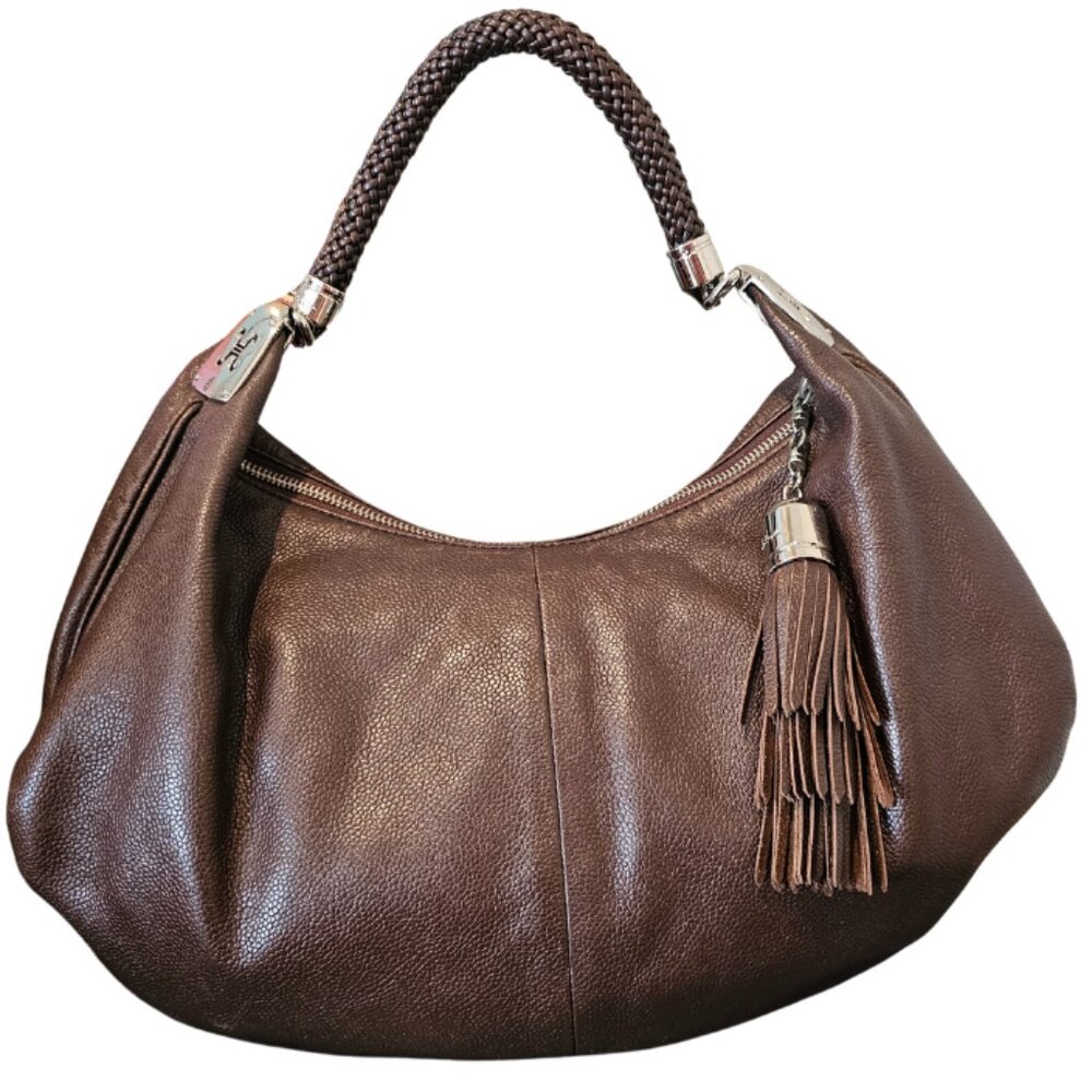 Cole Haan Crescent Hobo Chocolate Brown Pebbled Leather Silver hardware Tassel